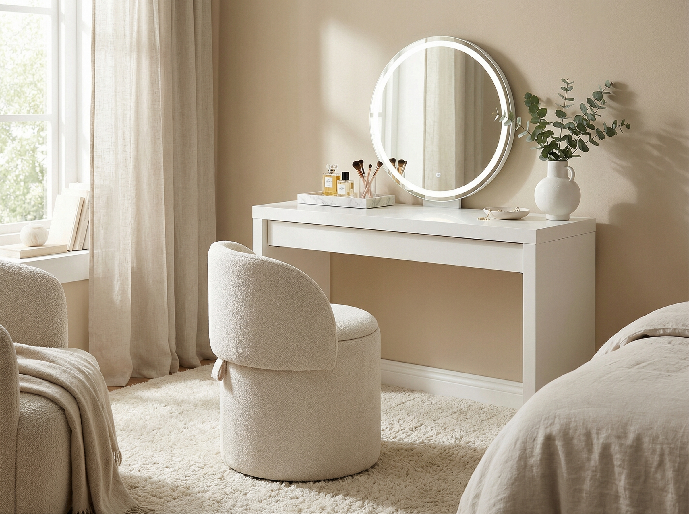 JULLIEN Storage Vanity Chair swivel Ivory fabric | InSTYLE Home & Rugs